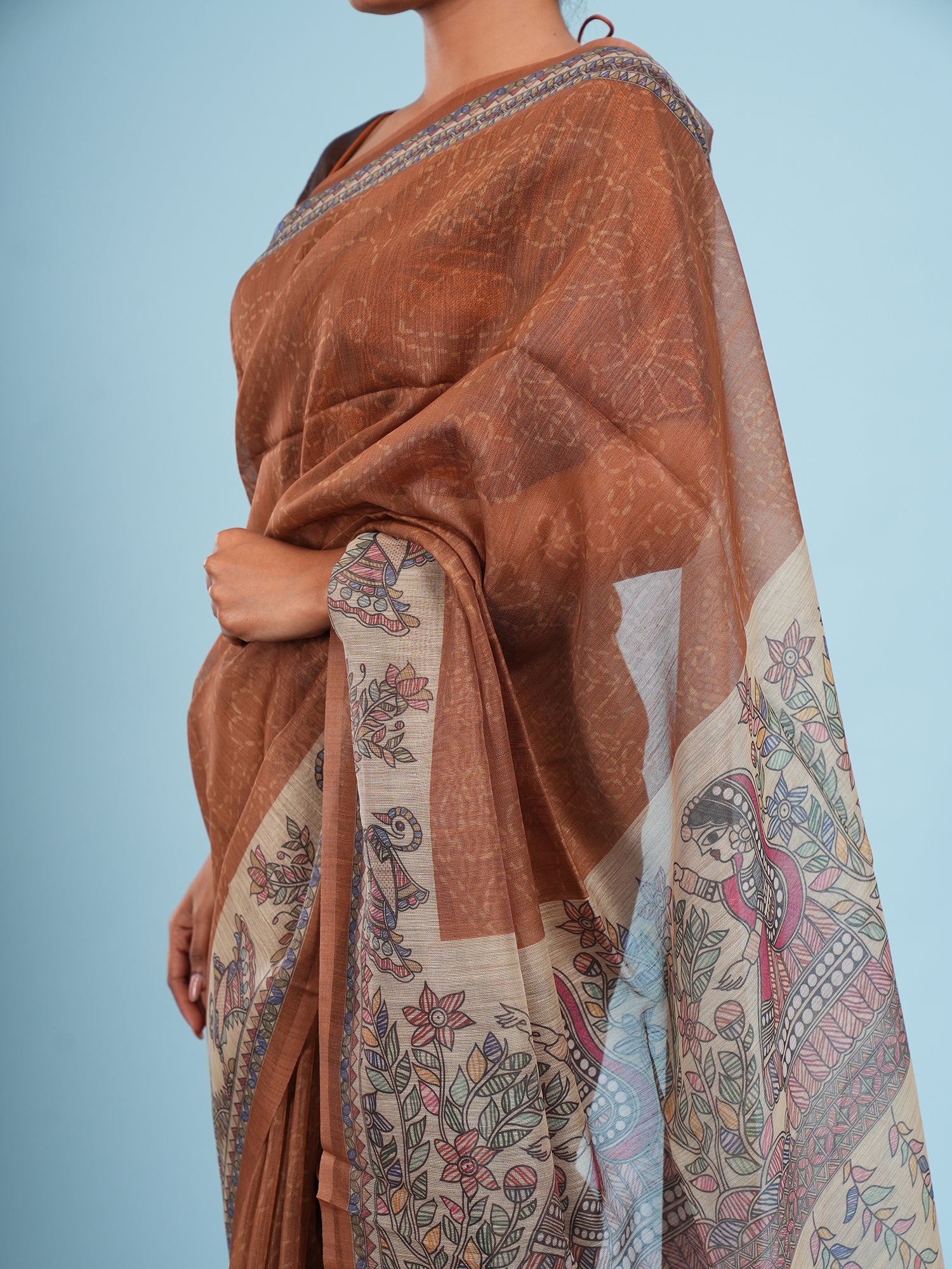 Mrida Madhubani print on Tussar silk-Earth Brown