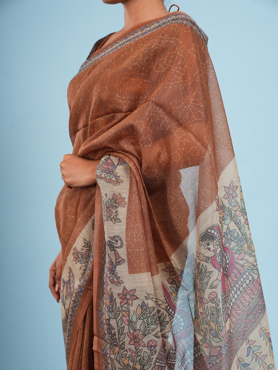 Earth brown Tussar silk Madhubani-print saree, back view – Koshnika