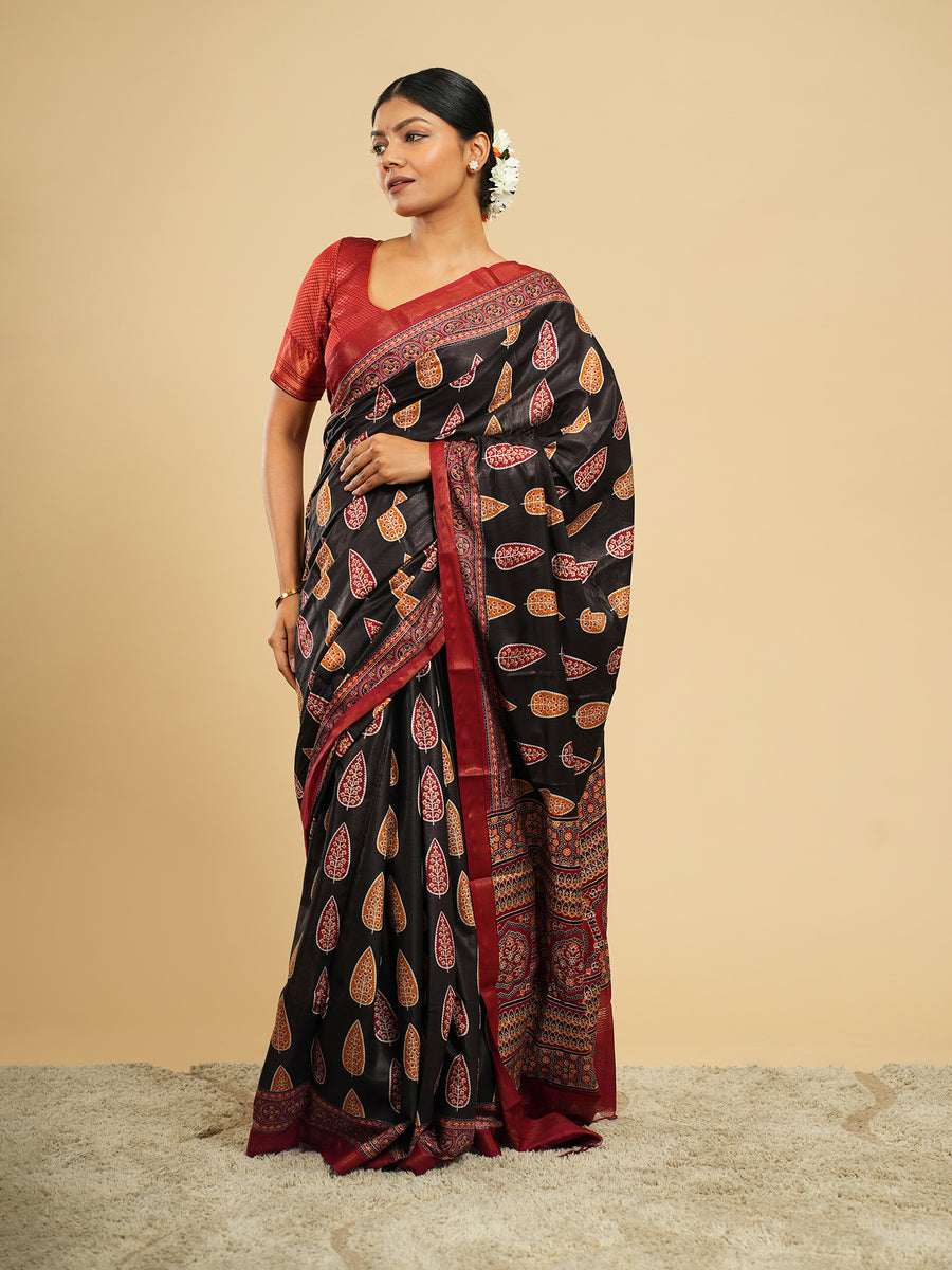 Noir black Modal block-print saree – Koshnika