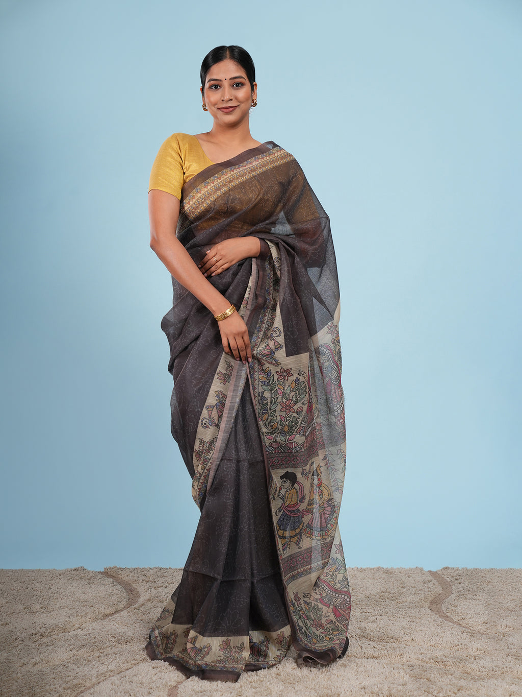 Megh Tussar Madhubani Print Saree Charcoal