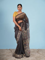 Megh Tussar Madhubani Print Saree Charcoal