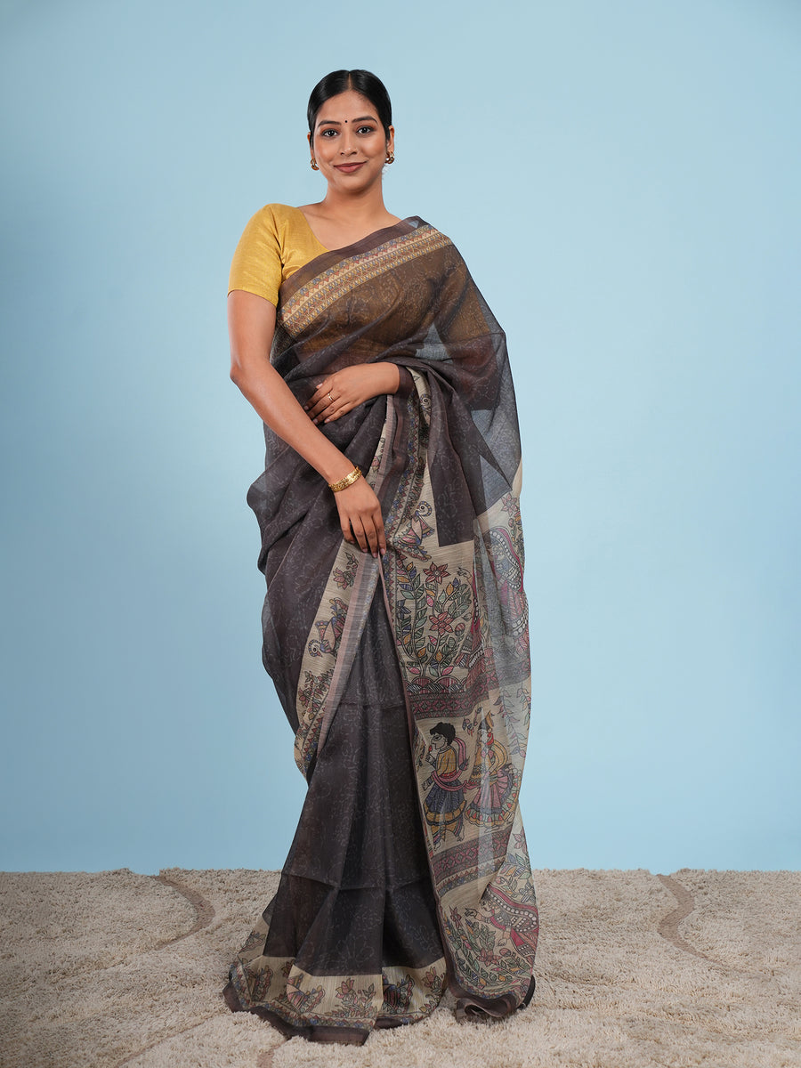 Charcoal Tussar silk Madhubani-print saree – Koshnika
