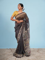 Megh Tussar Madhubani Print Saree Charcoal
