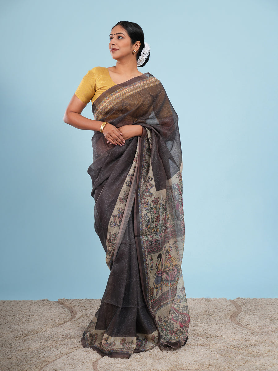 Charcoal Tussar silk Madhubani-print saree, border detail – Koshnika