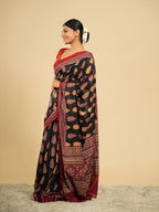 Raatri Modal Block Print Saree Noir Black
