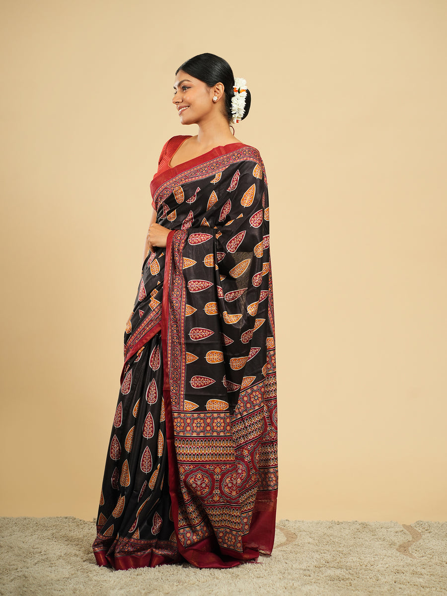 Noir black Modal block-print saree, border detail – Koshnika