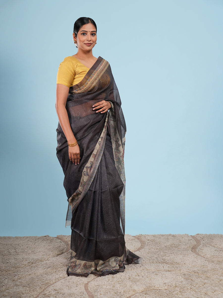 Charcoal Tussar silk Madhubani-print saree, drape and fall – Koshnika