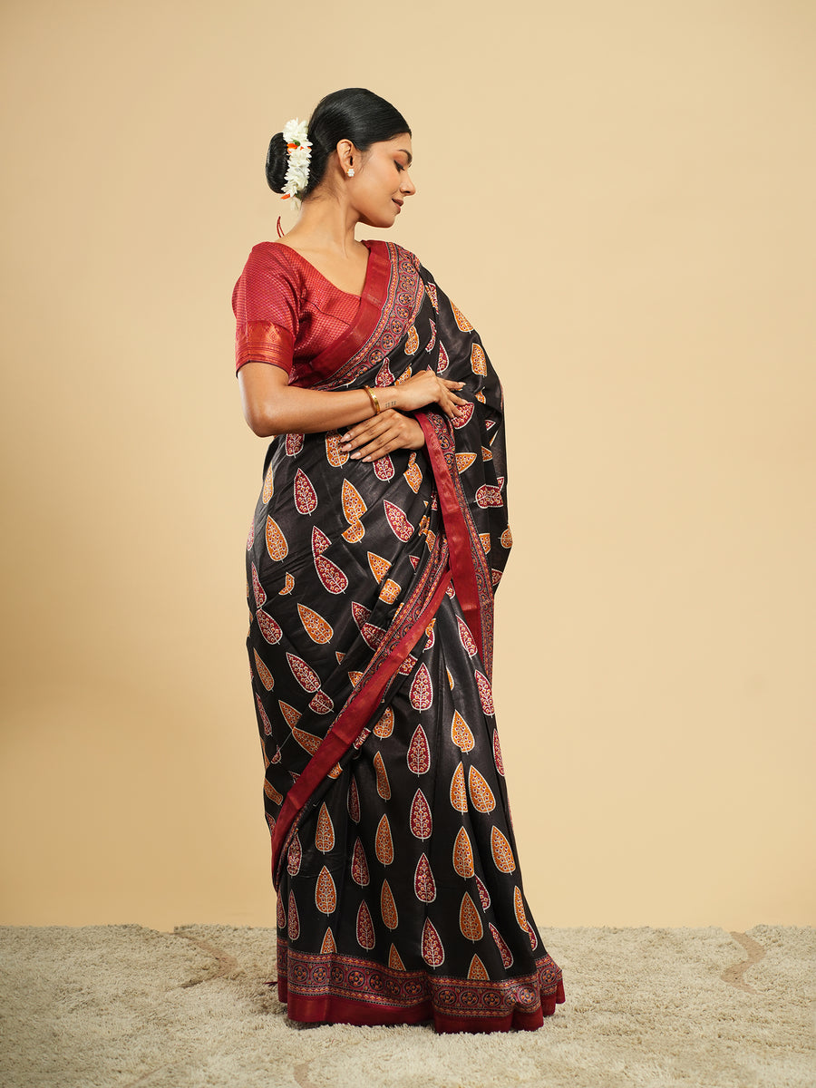 Noir black Modal block-print saree, drape and fall – Koshnika
