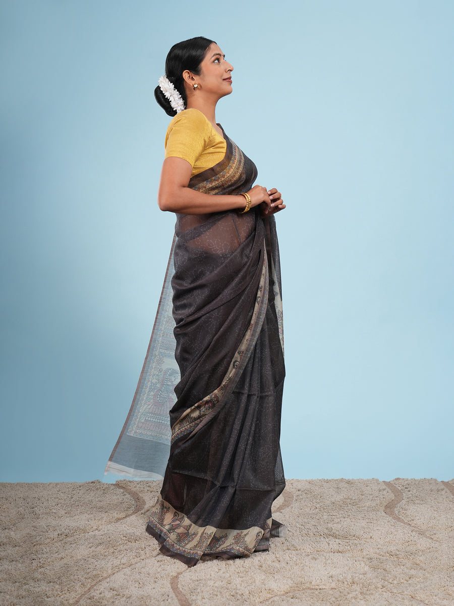 Charcoal Tussar silk Madhubani-print saree, Madhubani motif close-up – Koshnika