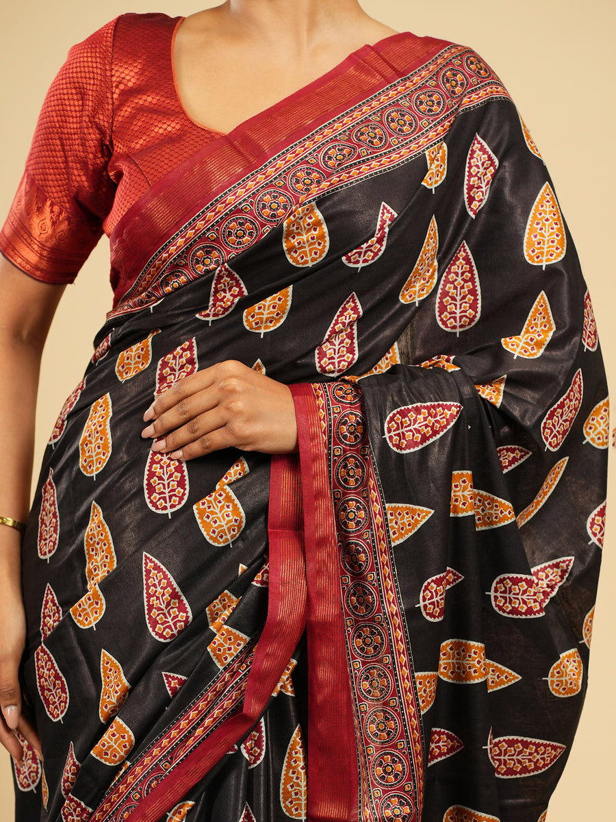 Noir black Modal block-print saree, full-length drape – Koshnika
