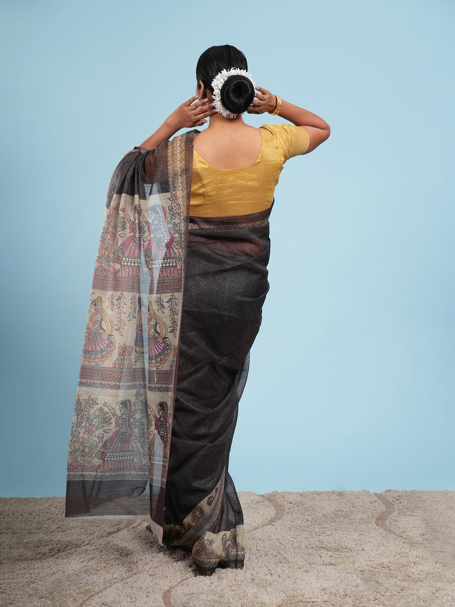 Charcoal Tussar silk Madhubani-print saree, full-length drape – Koshnika
