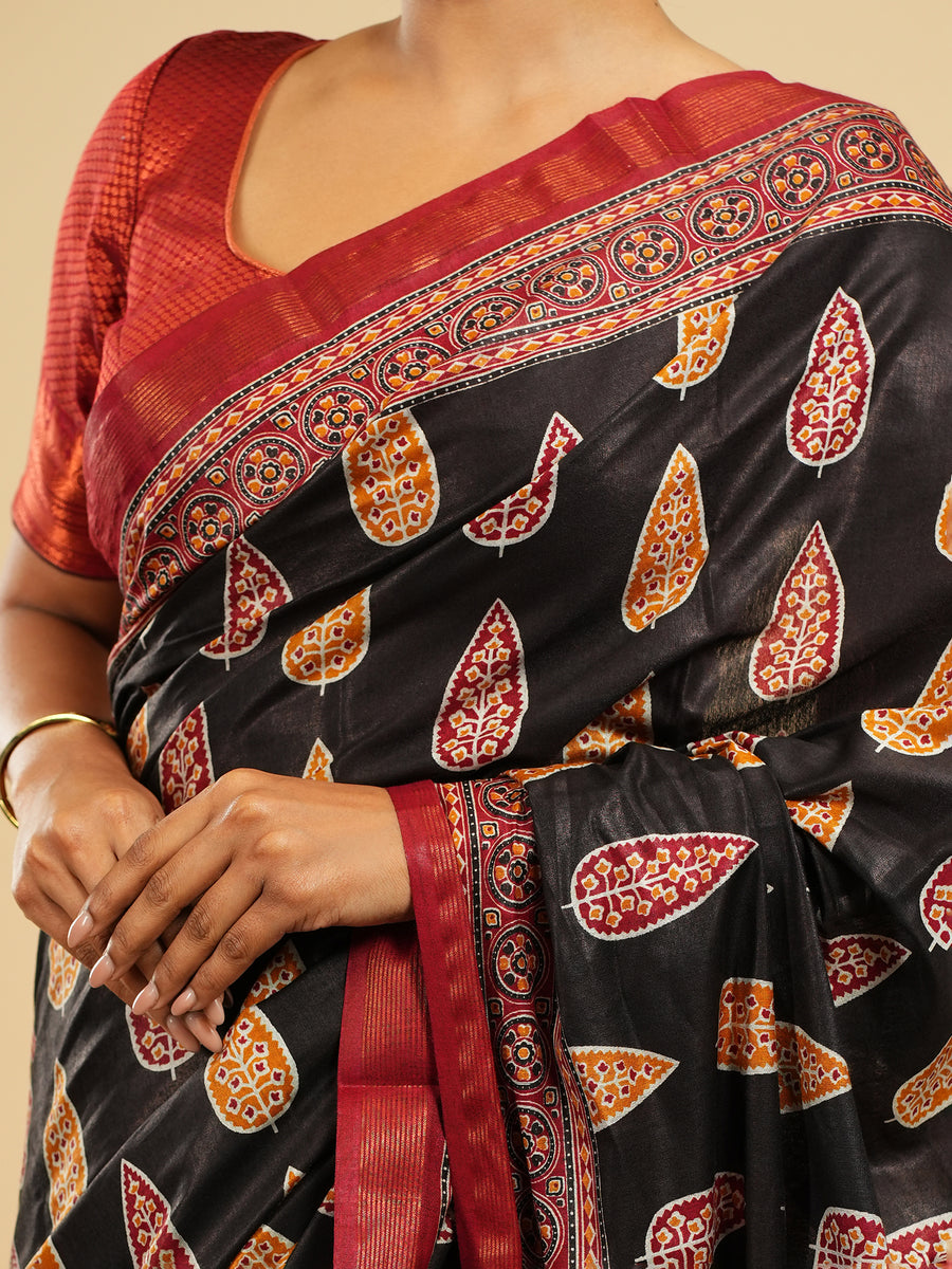 Noir black Modal block-print saree, pallu detail – Koshnika