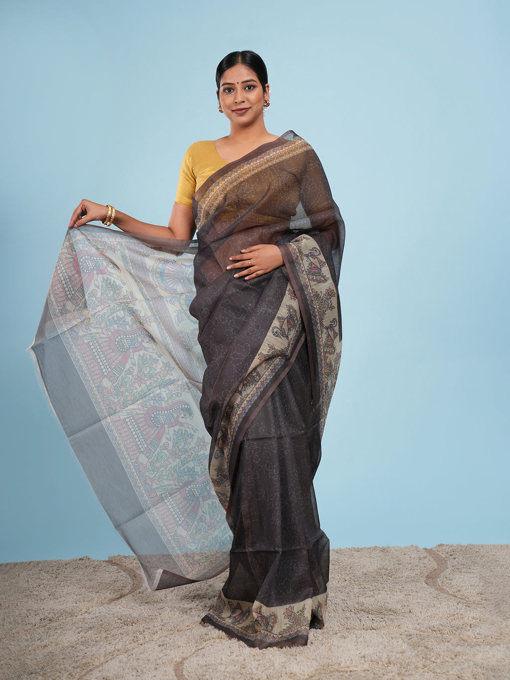 Megh Tussar Madhubani Print Saree Charcoal