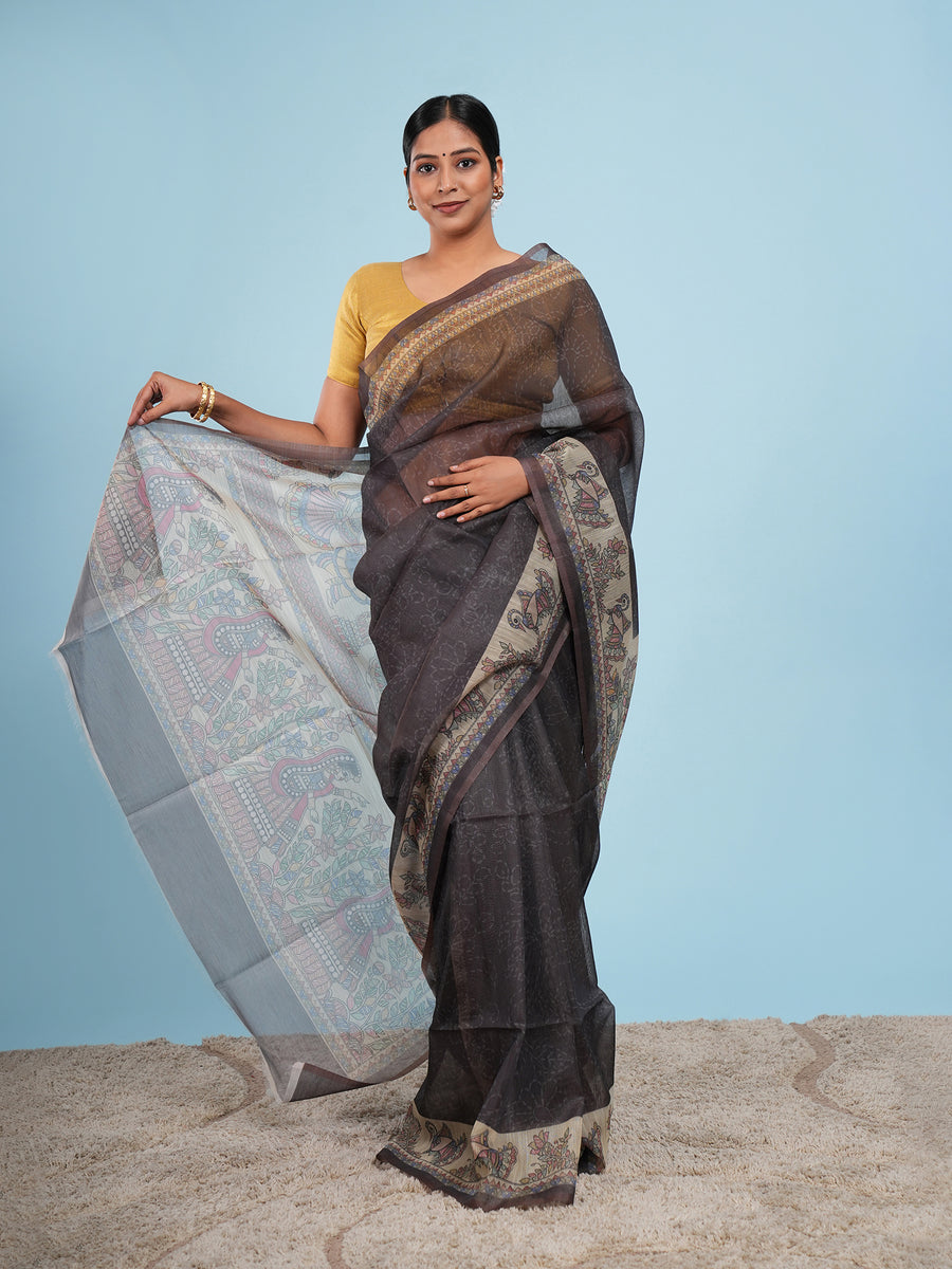 Charcoal Tussar silk Madhubani-print saree, pallu detail – Koshnika