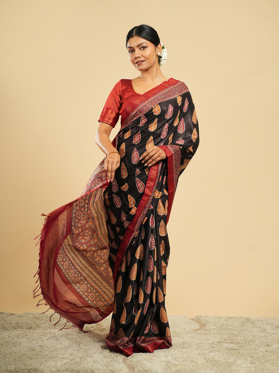 Noir black Modal block-print saree, fabric texture close-up – Koshnika
