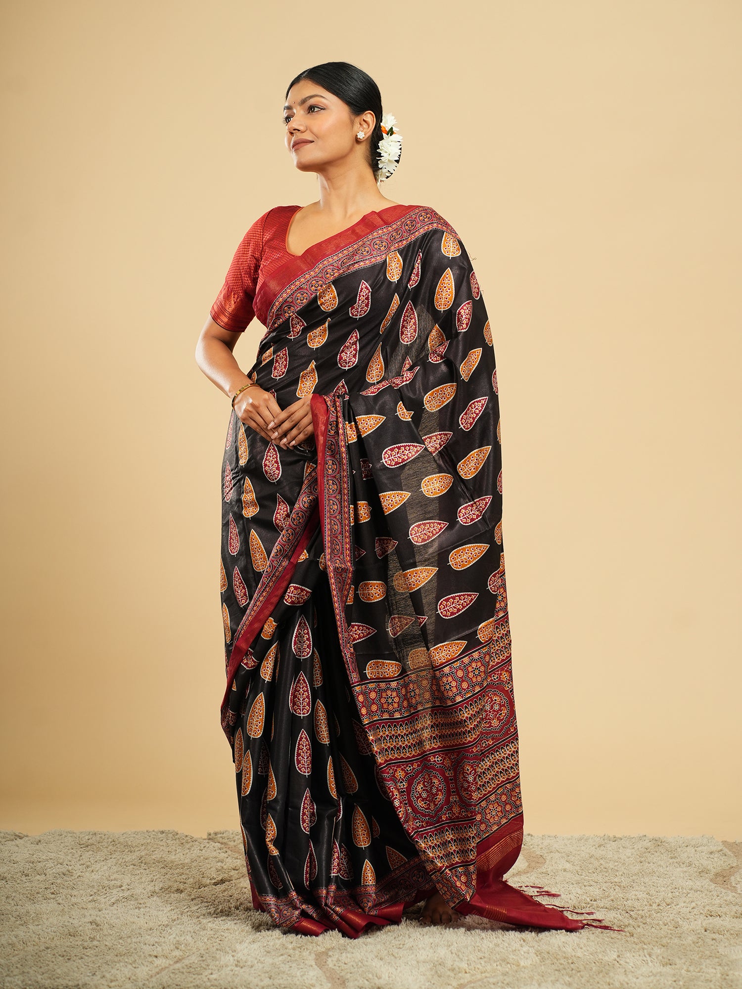 Raatri Modal Block Print Saree Noir Black