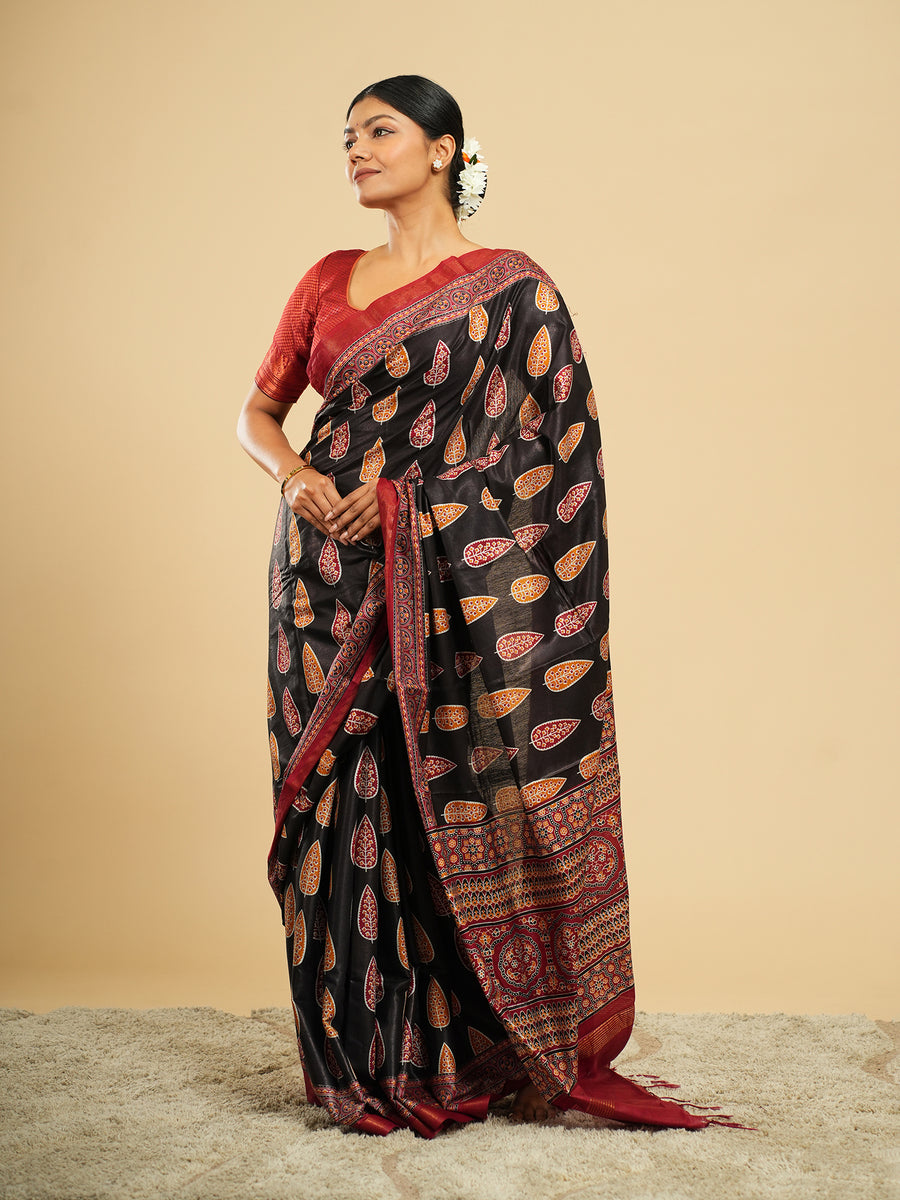 Noir black Modal block-print saree, styled view – Koshnika