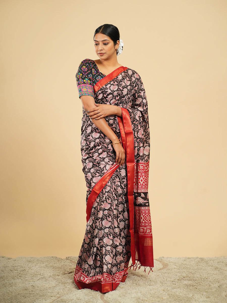 Rose Modal block-print saree – Koshnika