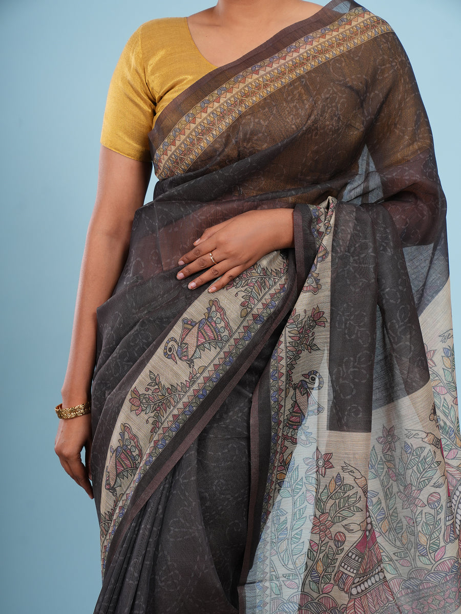 Charcoal Tussar silk Madhubani-print saree, fabric texture close-up – Koshnika
