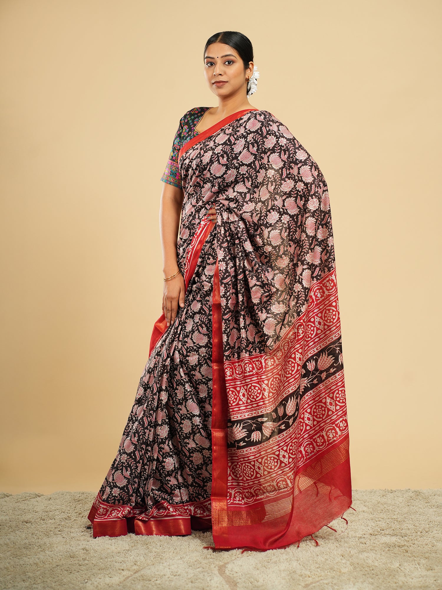 Rose Block Print Modal Saree