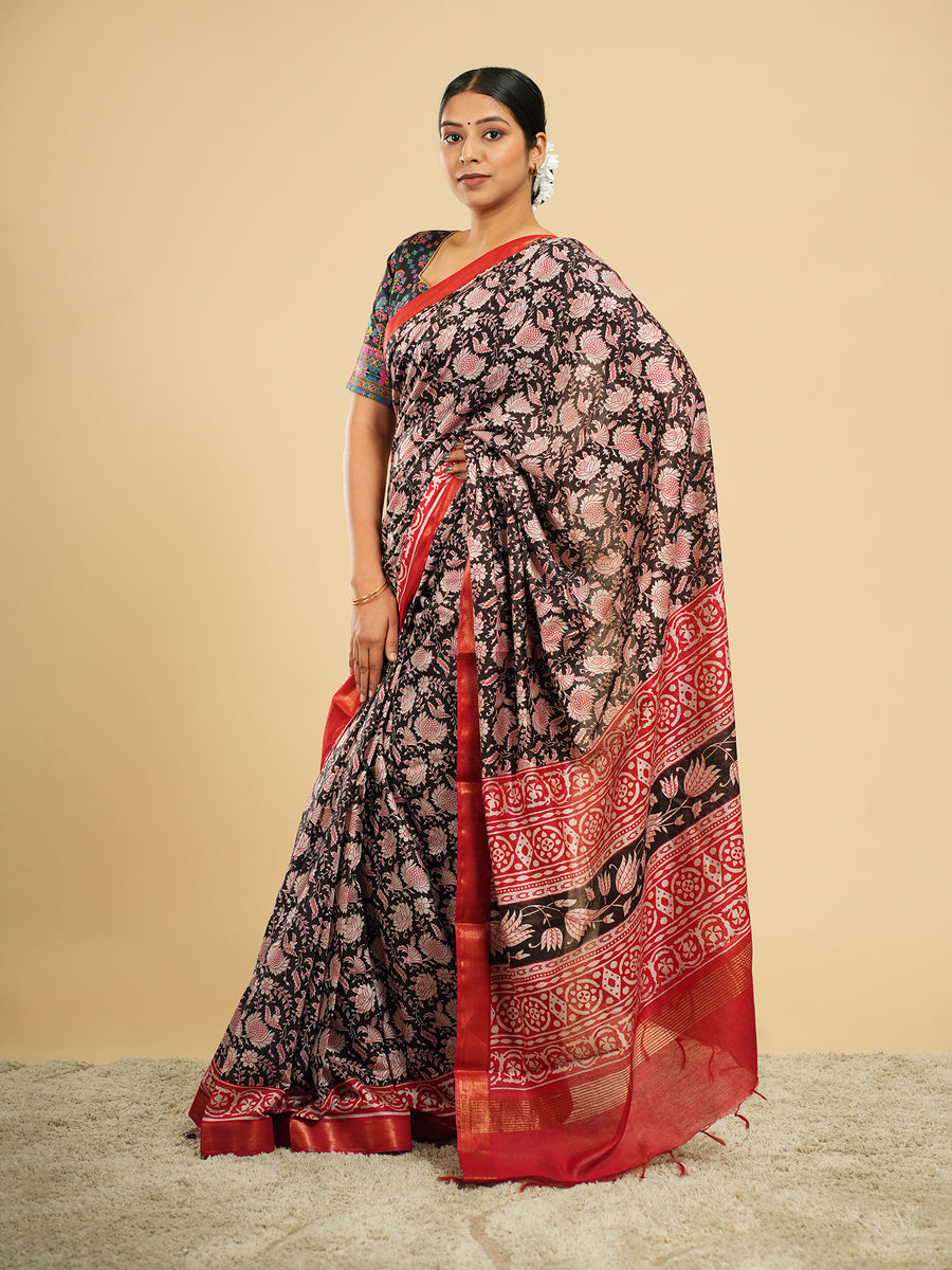 Rose Modal block-print saree, border detail – Koshnika