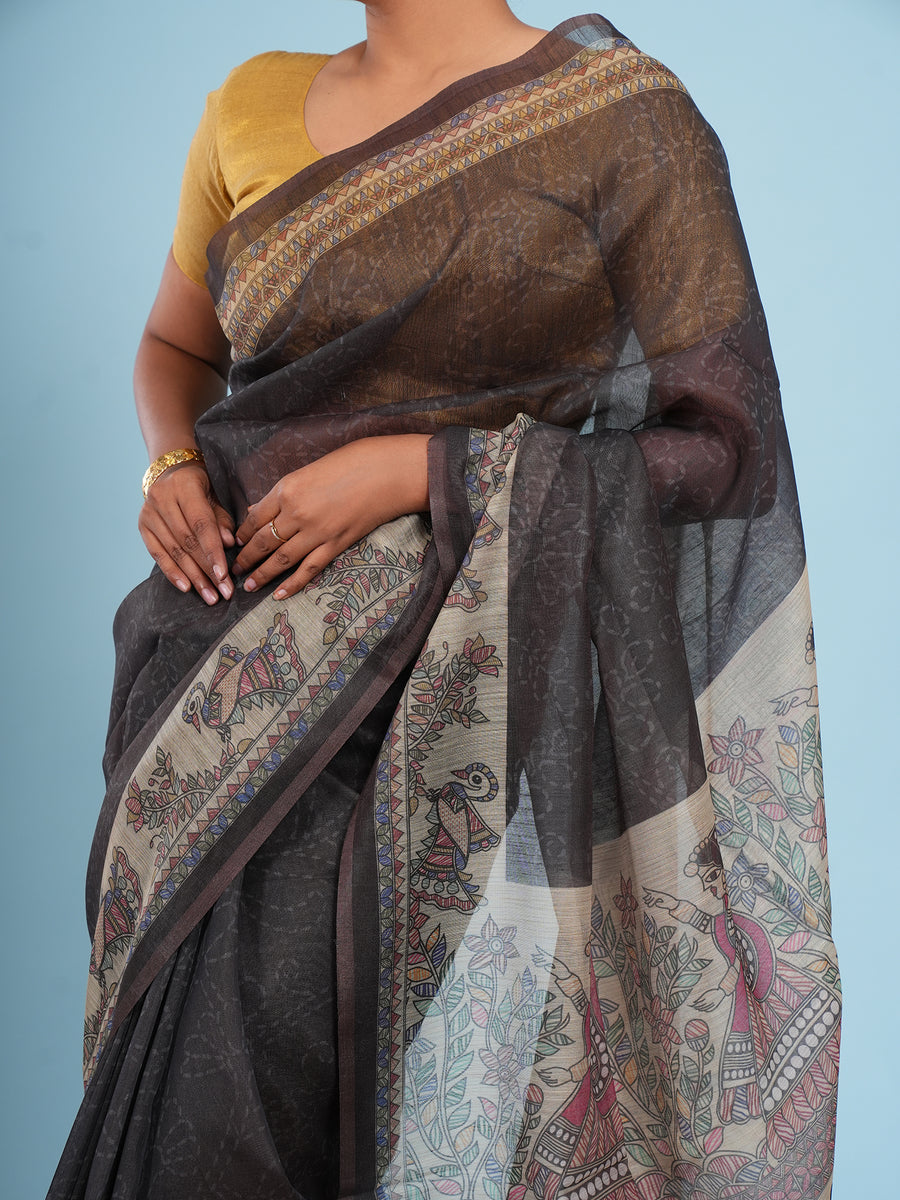 Charcoal Tussar silk Madhubani-print saree, styled view – Koshnika
