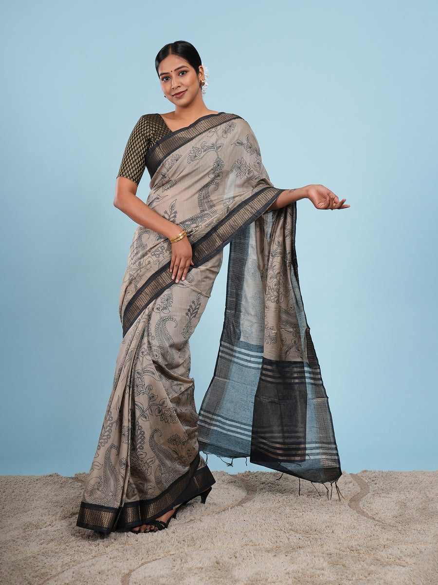 Warm grey Vegan Silk pencil Kalamkari-print saree – Koshnika