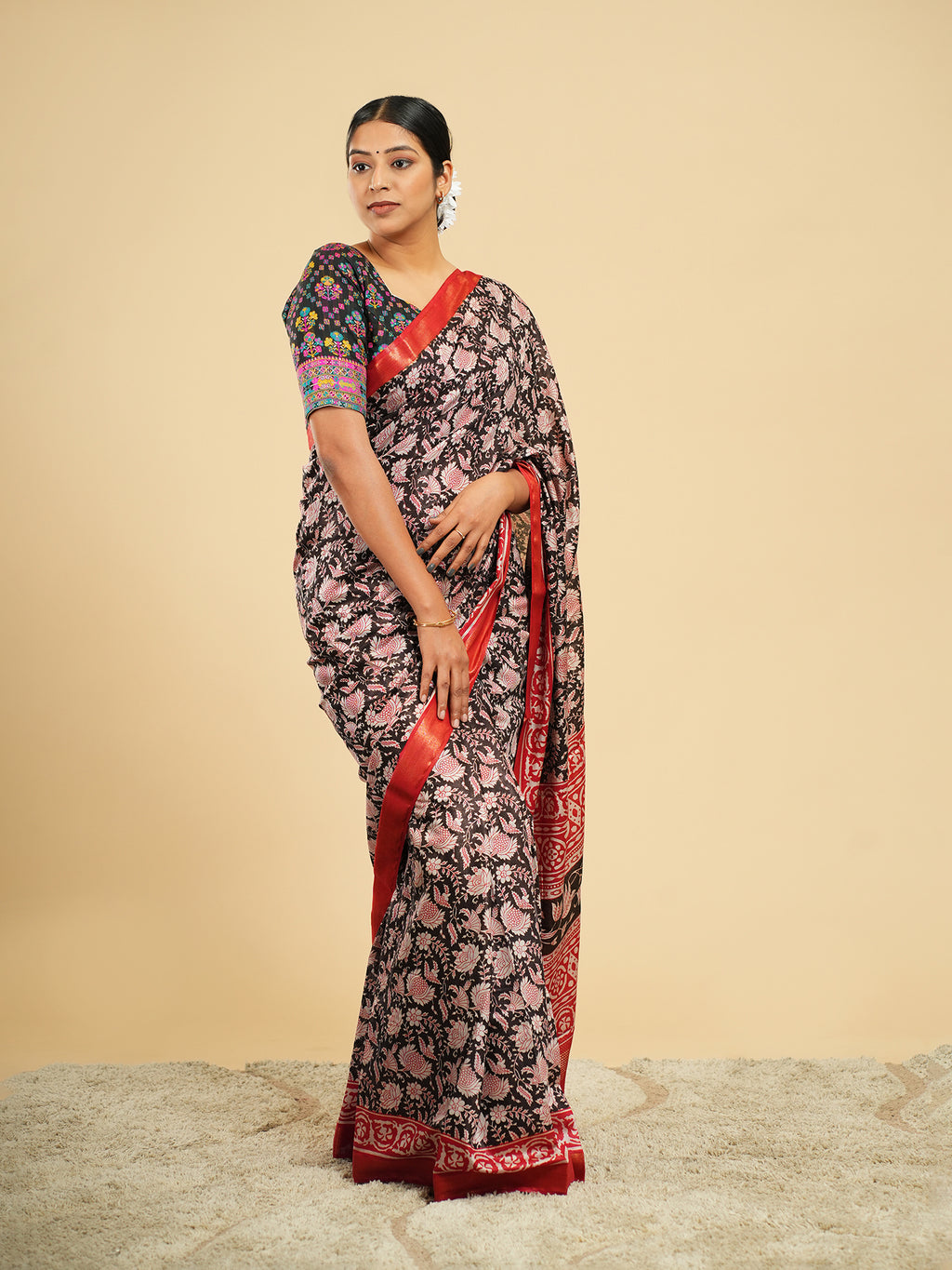Rose Block Print Modal Saree