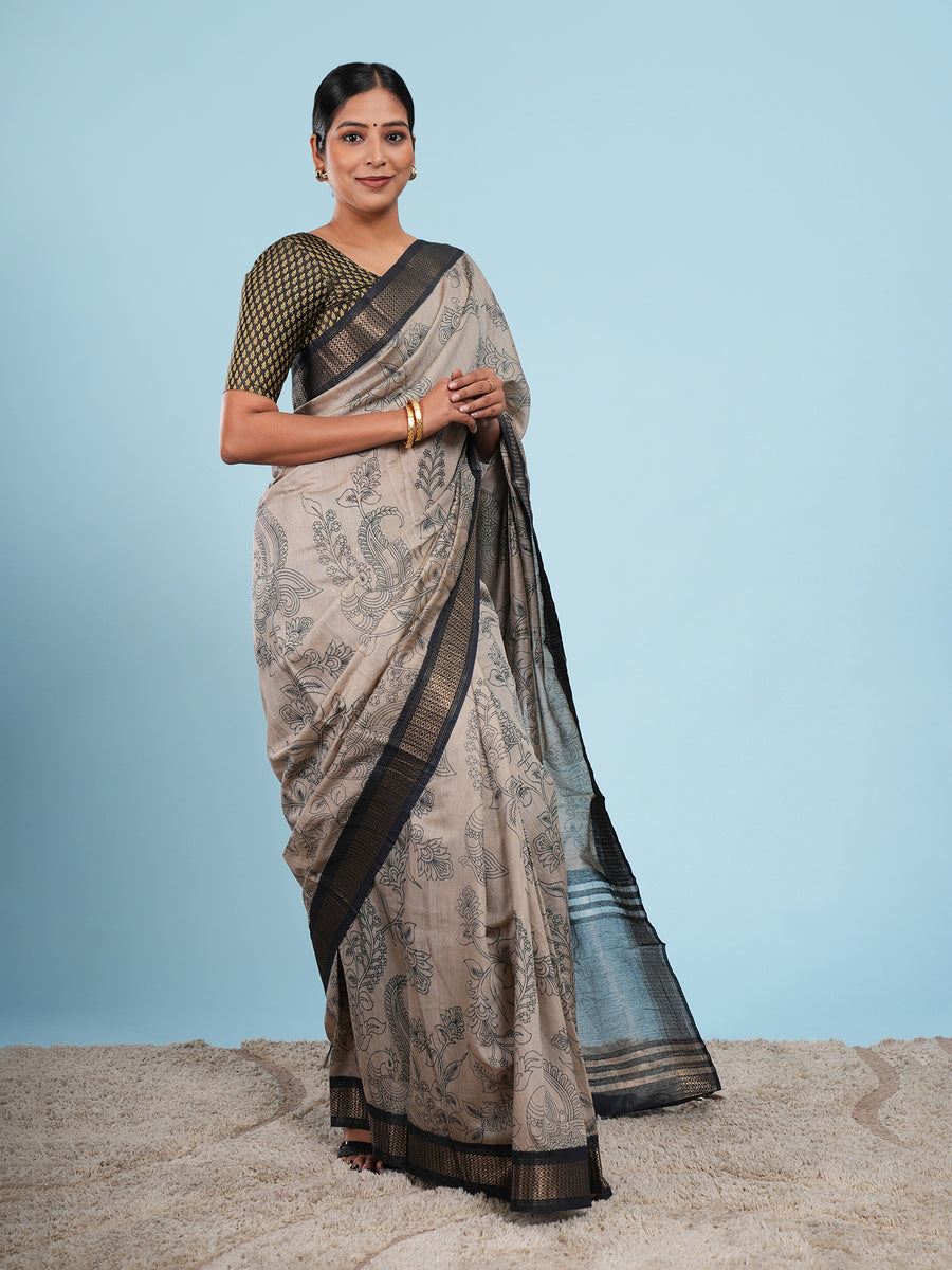 Warm grey Vegan Silk pencil Kalamkari-print saree, border detail – Koshnika