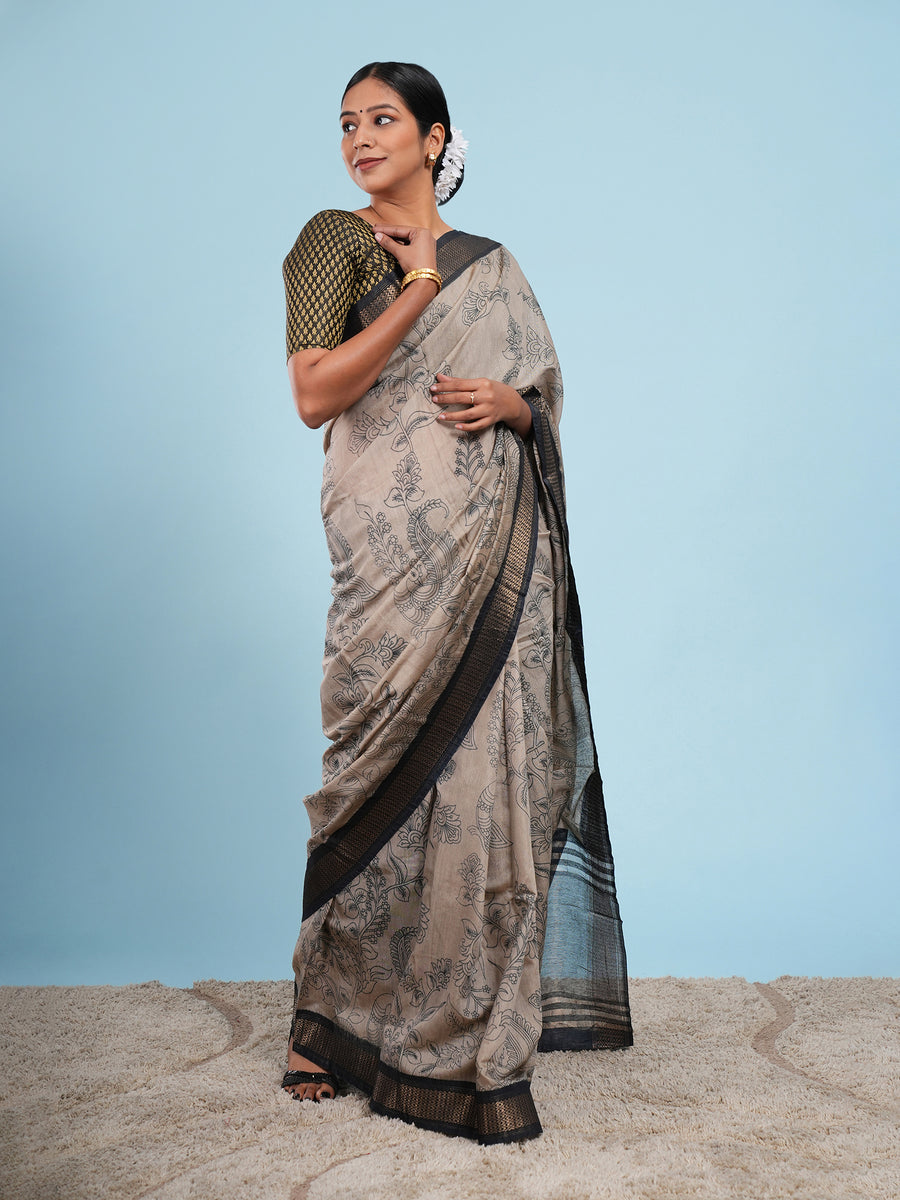 Warm grey Vegan Silk pencil Kalamkari-print saree, drape and fall – Koshnika