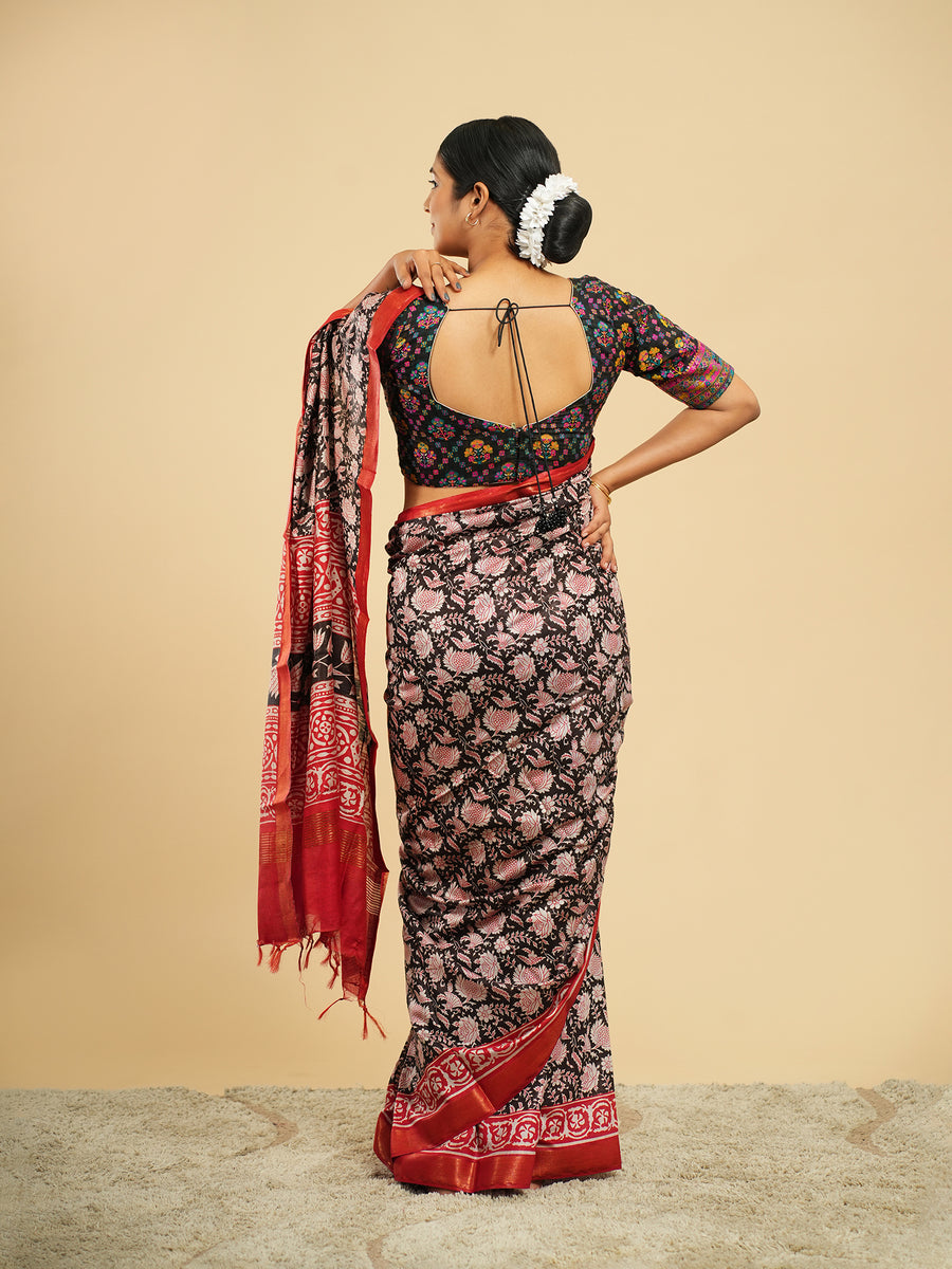 Rose Modal block-print saree, block motif close-up – Koshnika