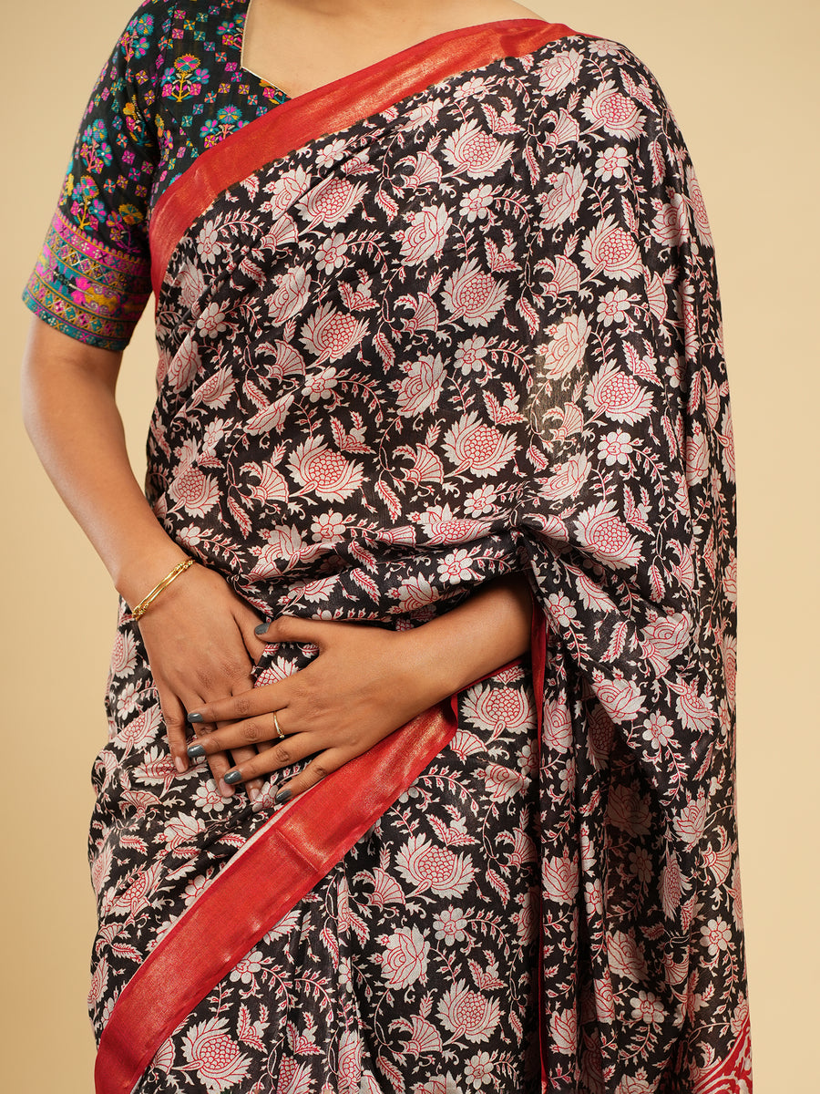 Rose Modal block-print saree, pallu detail – Koshnika
