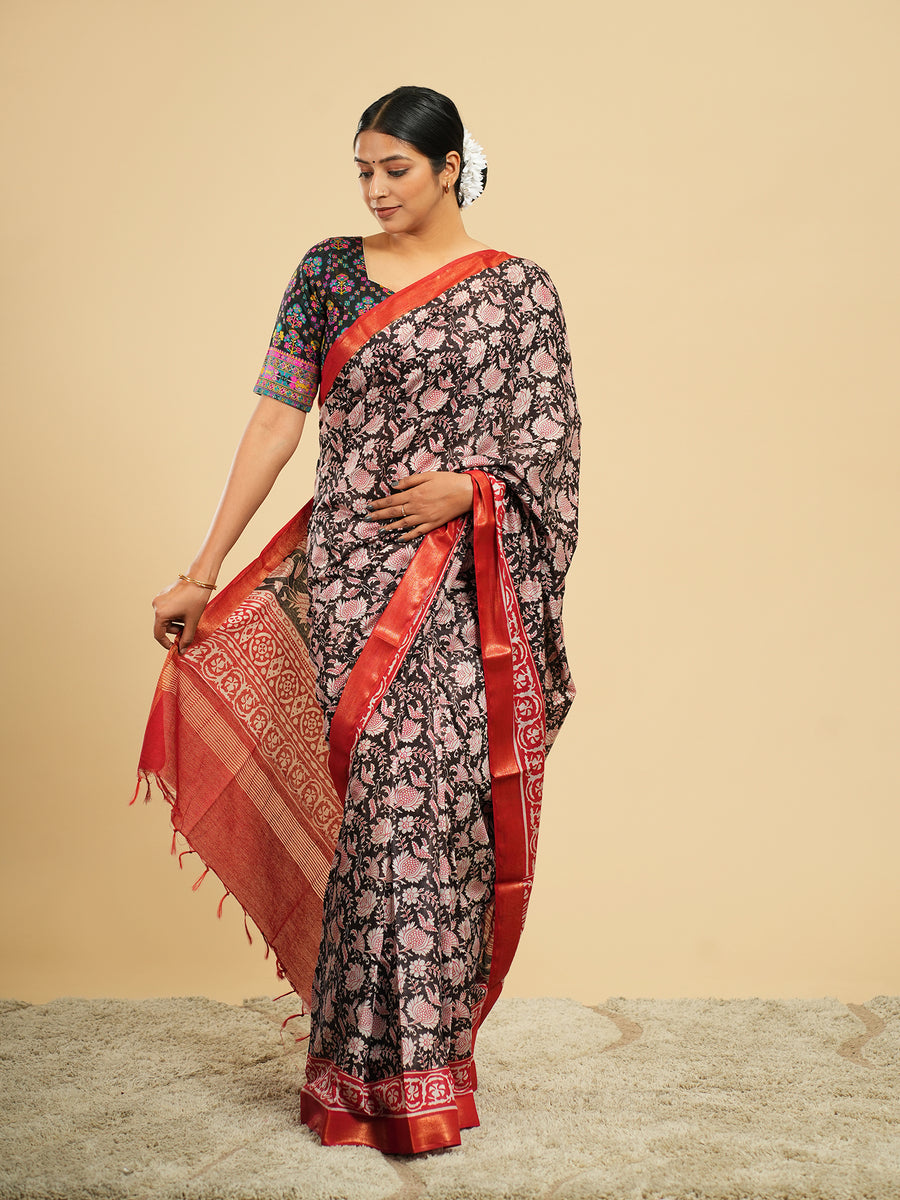 Rose Modal block-print saree, fabric texture close-up – Koshnika