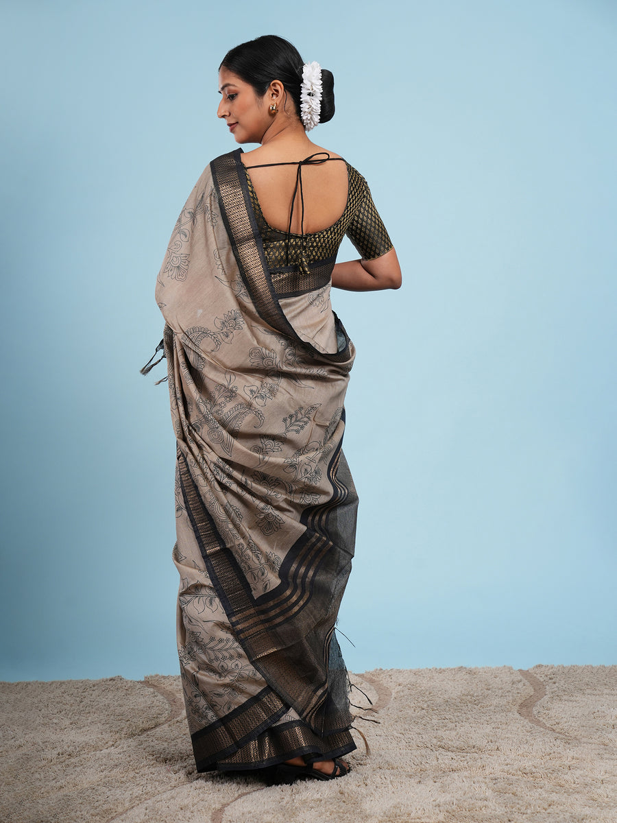 Warm grey Vegan Silk pencil Kalamkari-print saree, fine line-art motif close-up – Koshnika