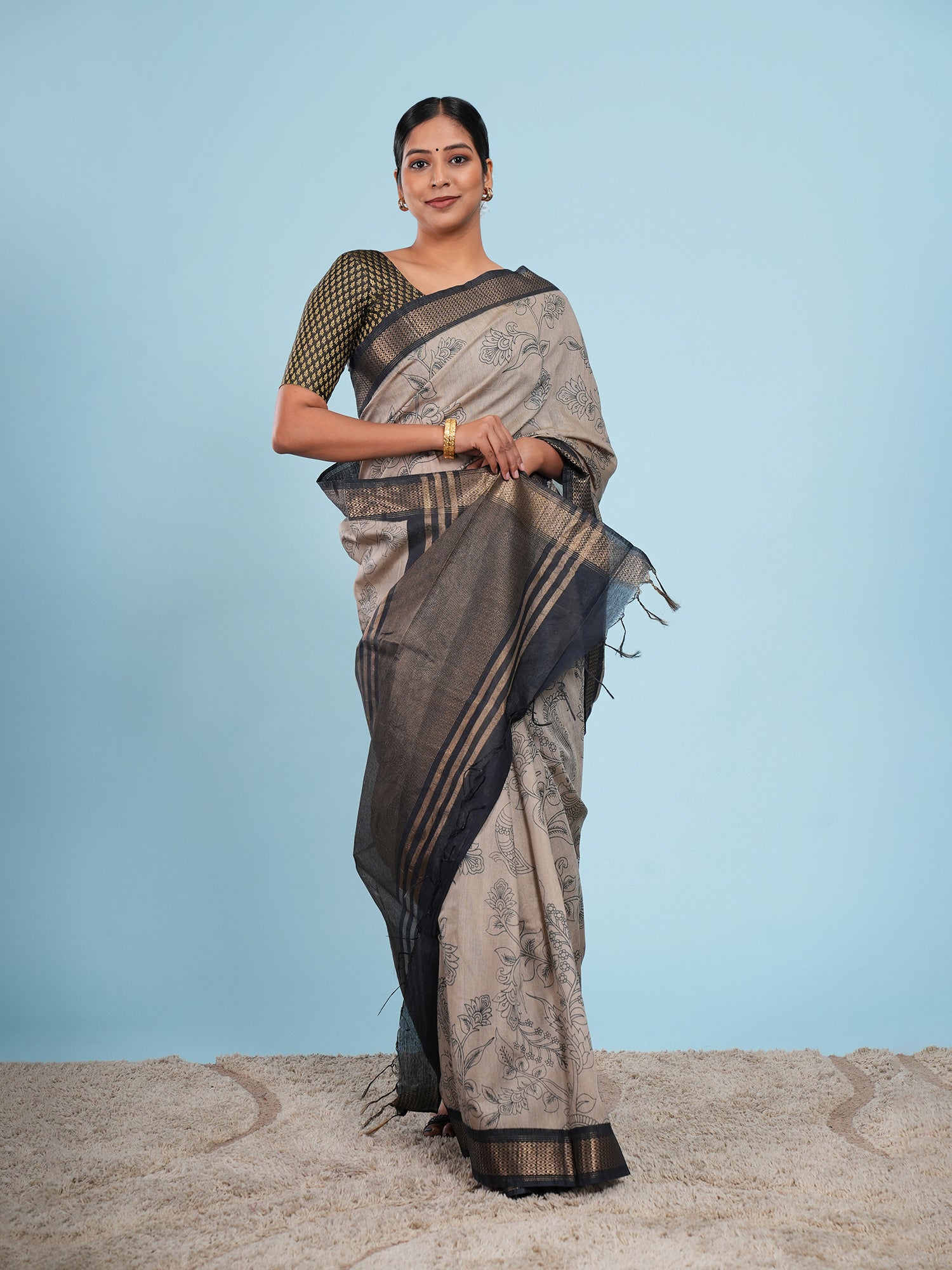 Rekha Viscose Pencil Kalamkari Saree Warm Grey