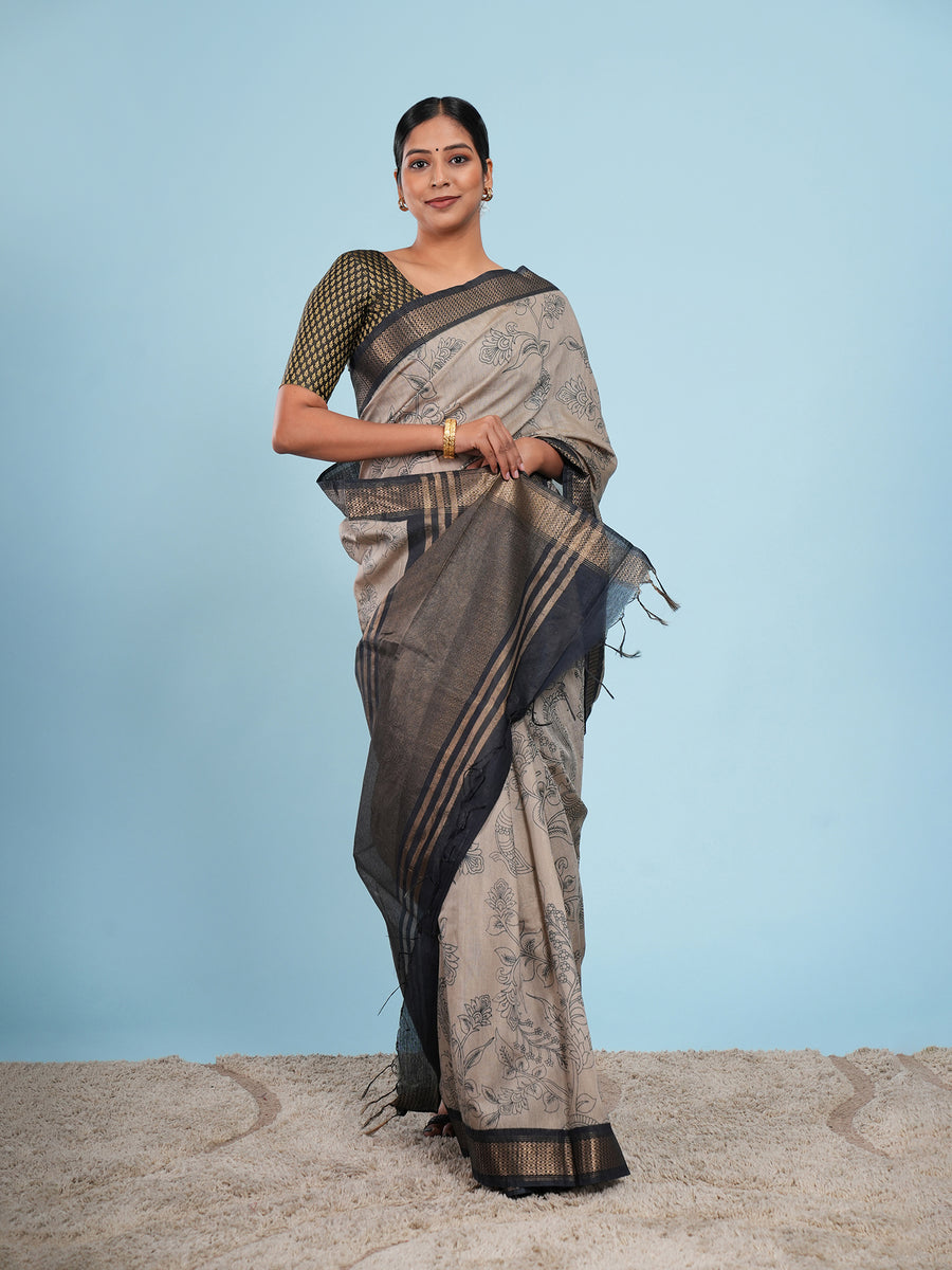 Warm grey Vegan Silk pencil Kalamkari-print saree, full-length drape – Koshnika