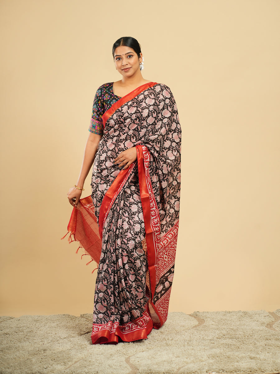 Rose Modal block-print saree, styled view – Koshnika