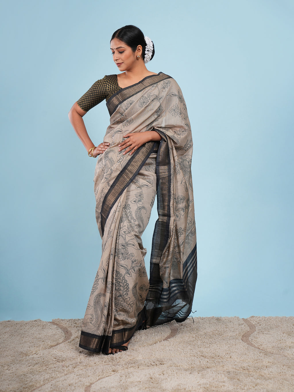 Rekha Viscose Pencil Kalamkari Saree Warm Grey