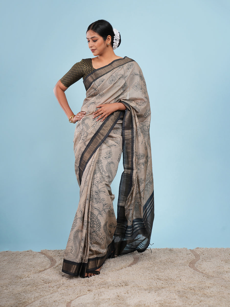 Warm grey Vegan Silk pencil Kalamkari-print saree, pallu detail – Koshnika