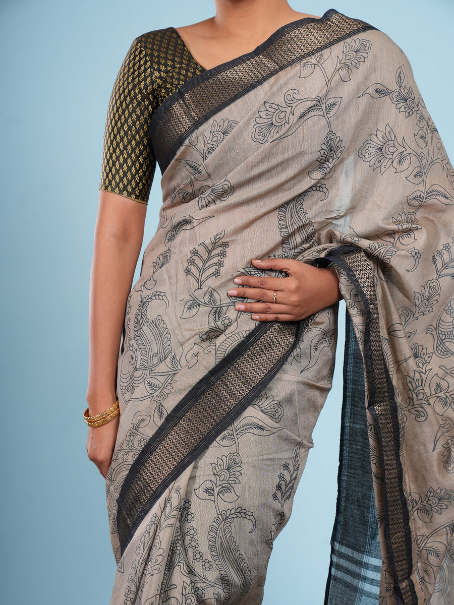 Warm grey Vegan Silk pencil Kalamkari-print saree, viscose fabric texture close-up – Koshnika
