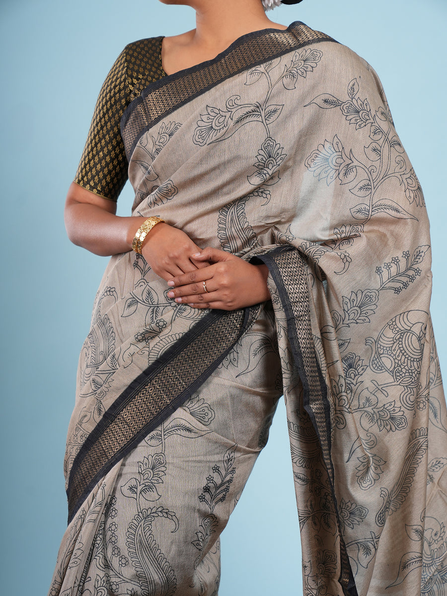 Warm grey Vegan Silk pencil Kalamkari-print saree, styled view – Koshnika