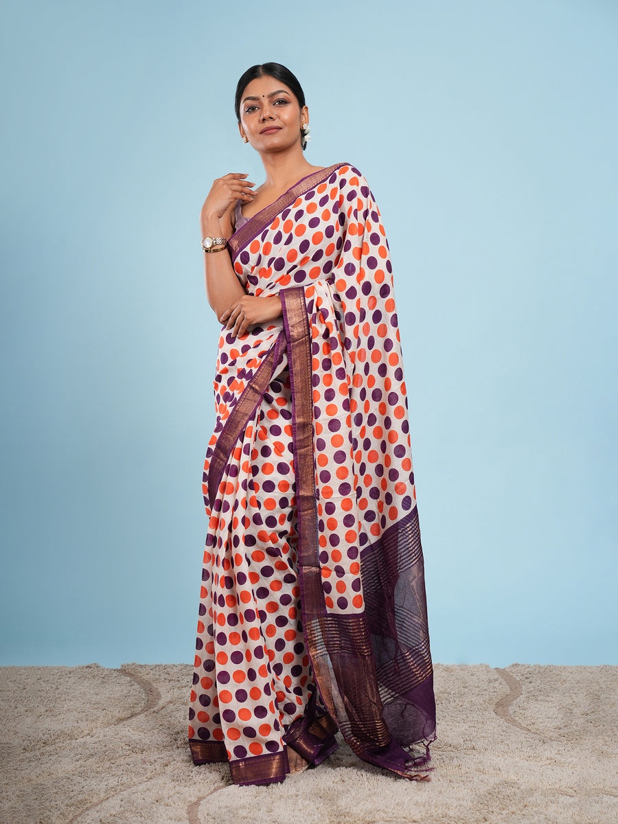 Ivory Vegan Silk polka-dot print saree, plum and rust – Koshnika