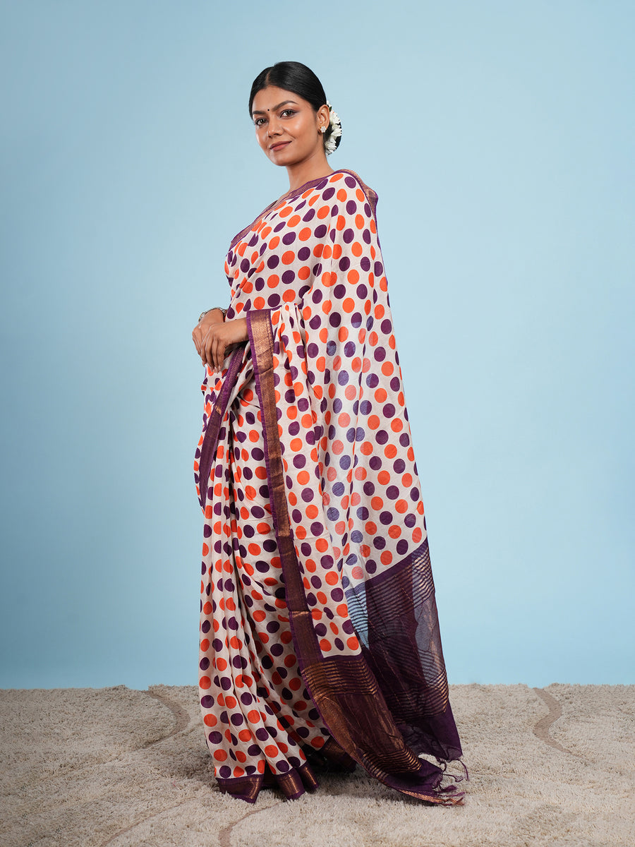 Ivory Vegan Silk polka-dot print saree, plum and rust border detail – Koshnika