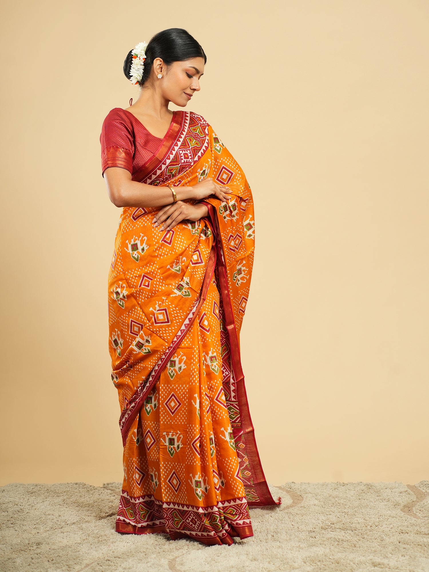 Modal Patola Print Saree Orange-Red Border