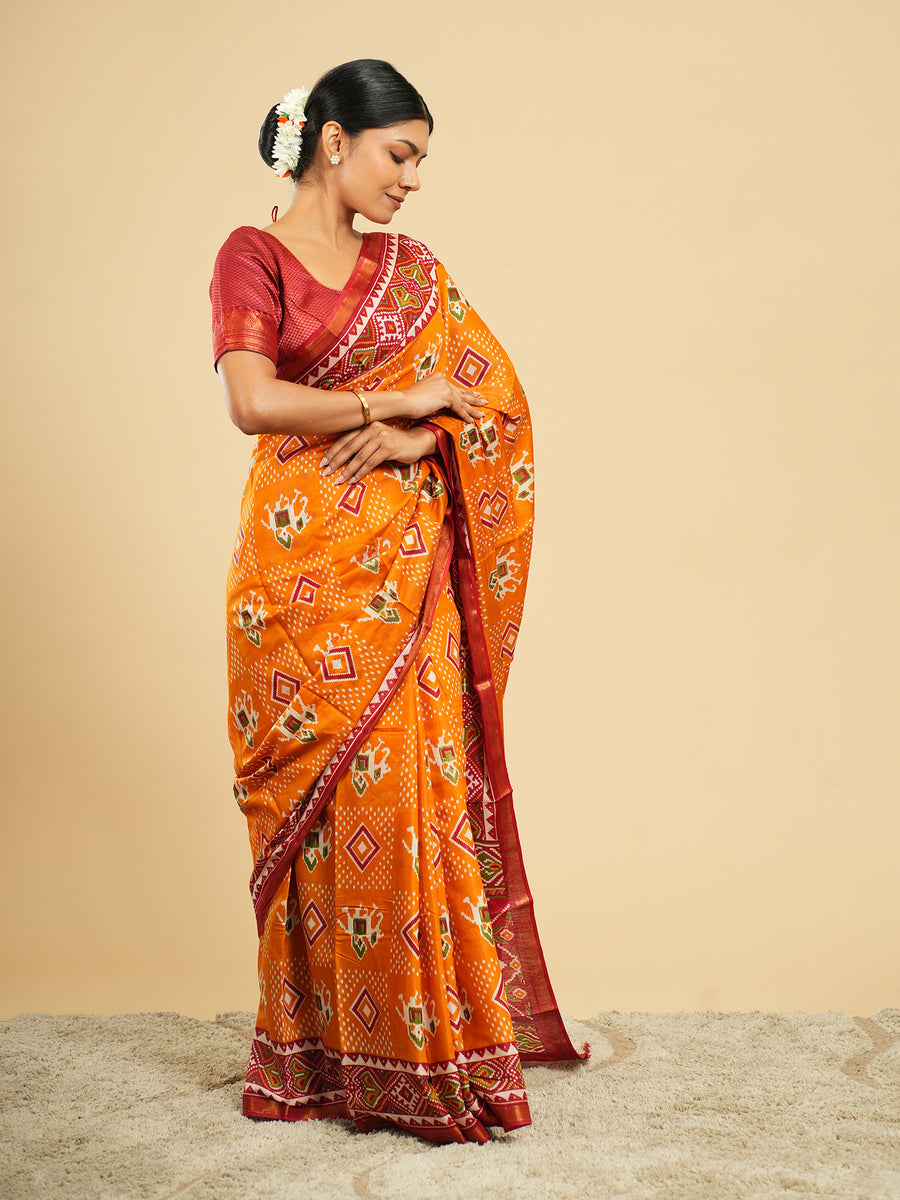 Orange Modal Patola-print saree, drape and fall – Koshnika