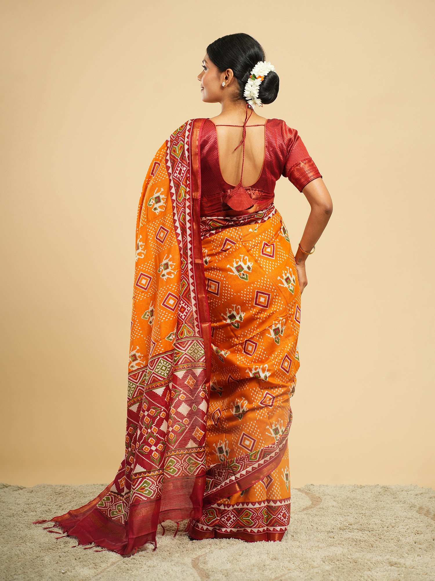 Modal Patola Print Saree Orange-Red Border