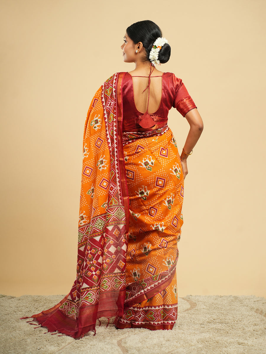 Orange Modal Patola-print saree, Patola motif close-up – Koshnika