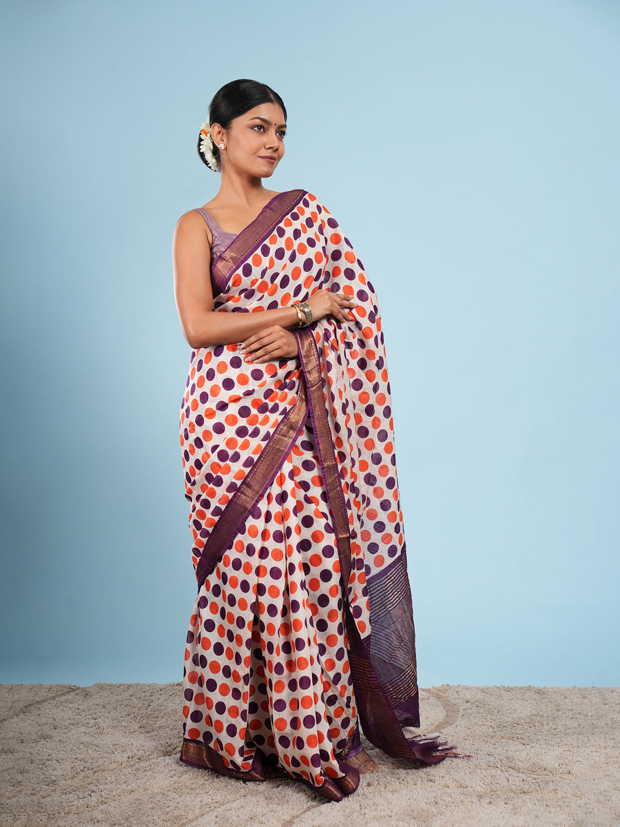 Ivory Vegan Silk polka-dot print saree, drape and fall – Koshnika