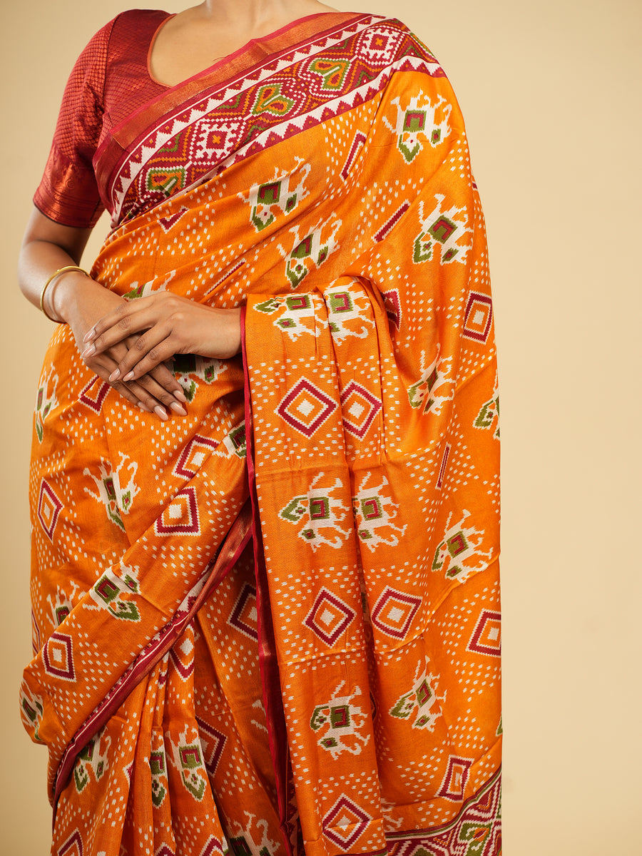 Orange Modal Patola-print saree, full-length drape – Koshnika