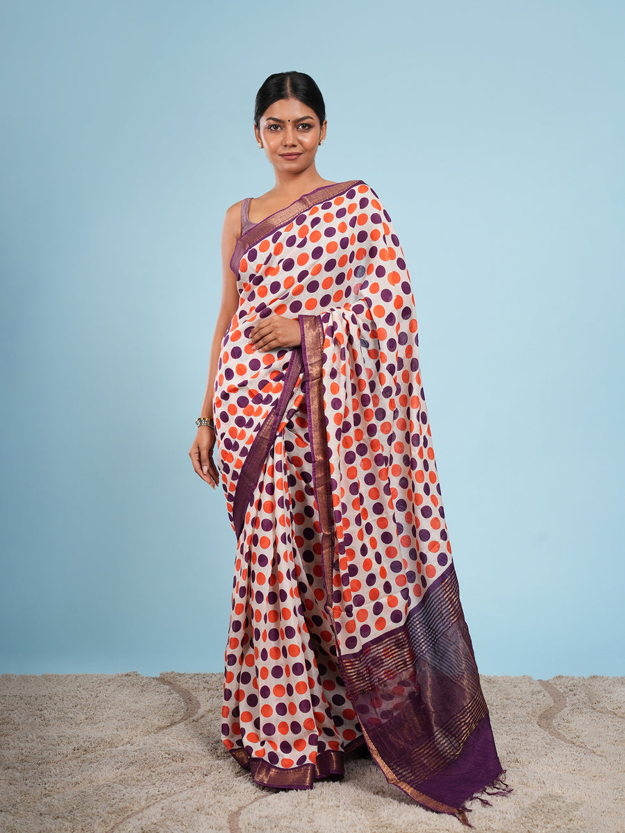 Ivory Vegan Silk polka-dot print saree, dot pattern close-up – Koshnika